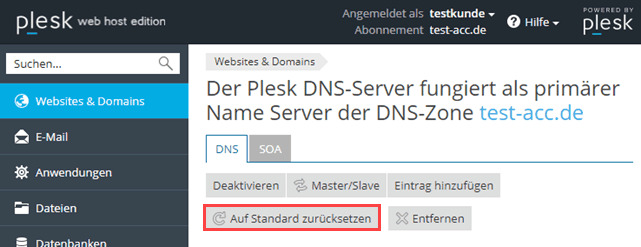 Plesk Onyx DNS-Zonen auf Standard zurücksetzen