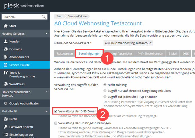 Reseller Plesk Onyx Service-Pakete Option DNS-Zonen Verwalten