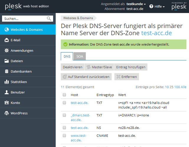 Plesk Onyx DNS-Einstellungen erfolgriech auf Standard zurückgesetzt