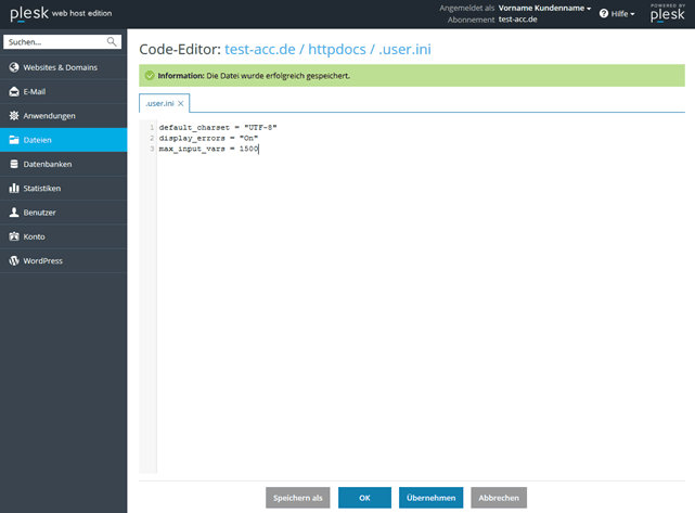 Plesk Onyx Dateieditor für PHP-Datei .user.ini