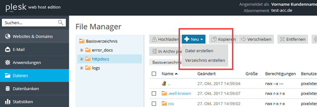 Plesk Onyx Dateimanager - neue Datei erstellen