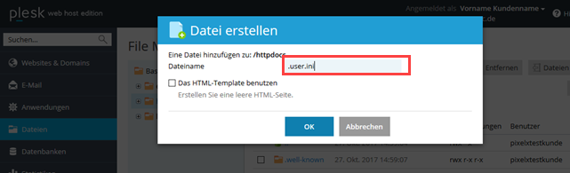 Plesk Onyx Dateimanager Datei .user.ini anlegen