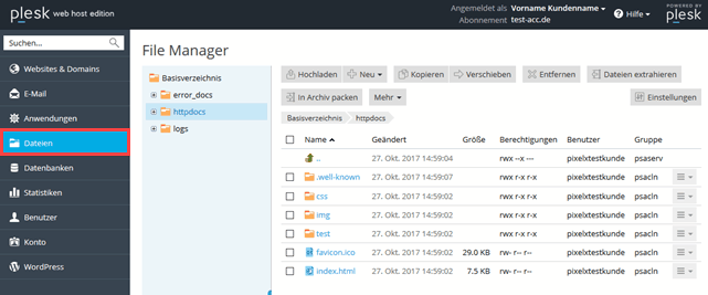 Plesk Onyx Dateimanager