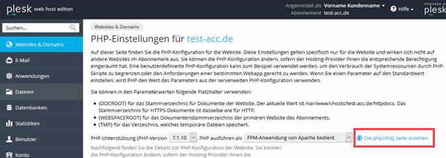 Plesk Onyx phpinfo über PHP Einstellungen aufrufen