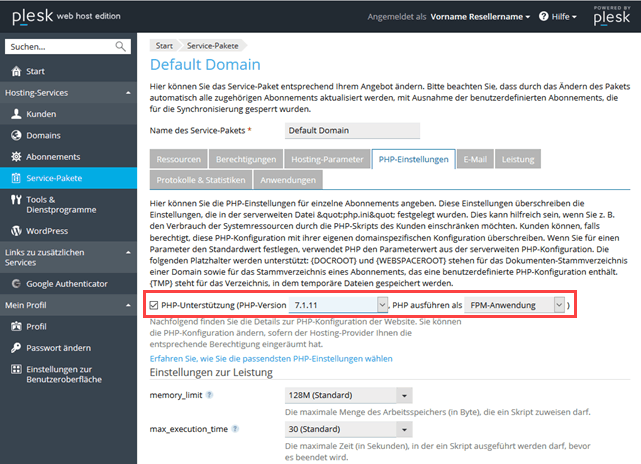 Plesk Onyx Reseller - Service Pakete PHP Einstellungen