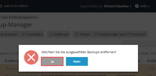 Plesk Backup-Manager - Backup löschen bestätigen