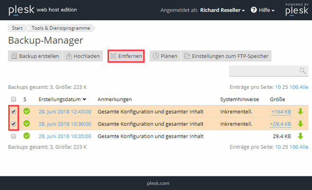 Plesk Backup-Manager - Backup lschen