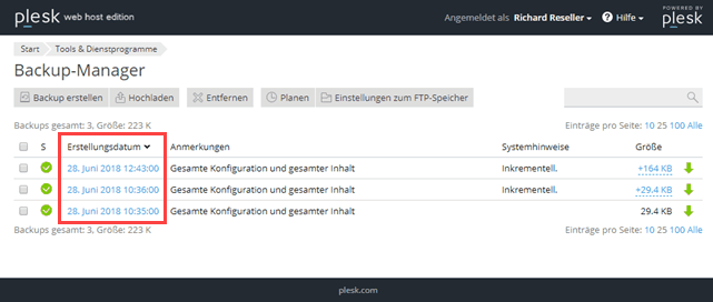 Plesk Backup-Manager - Backupübersicht