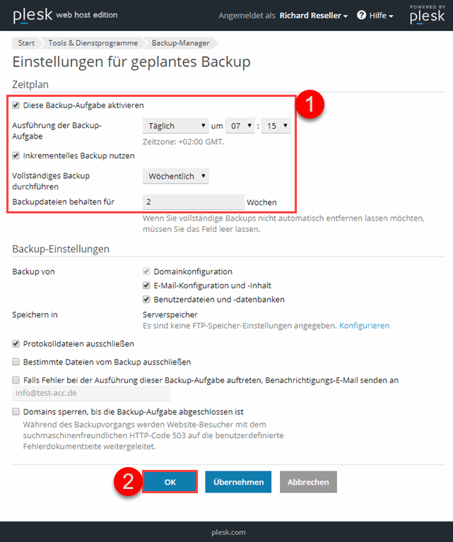 Plesk Backup-Manager - Einstellungen für geplante Backups