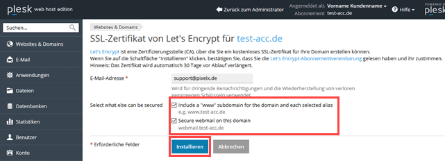 Plesk Onyx Let's Encrypt SSL Zertifikat ausstellen