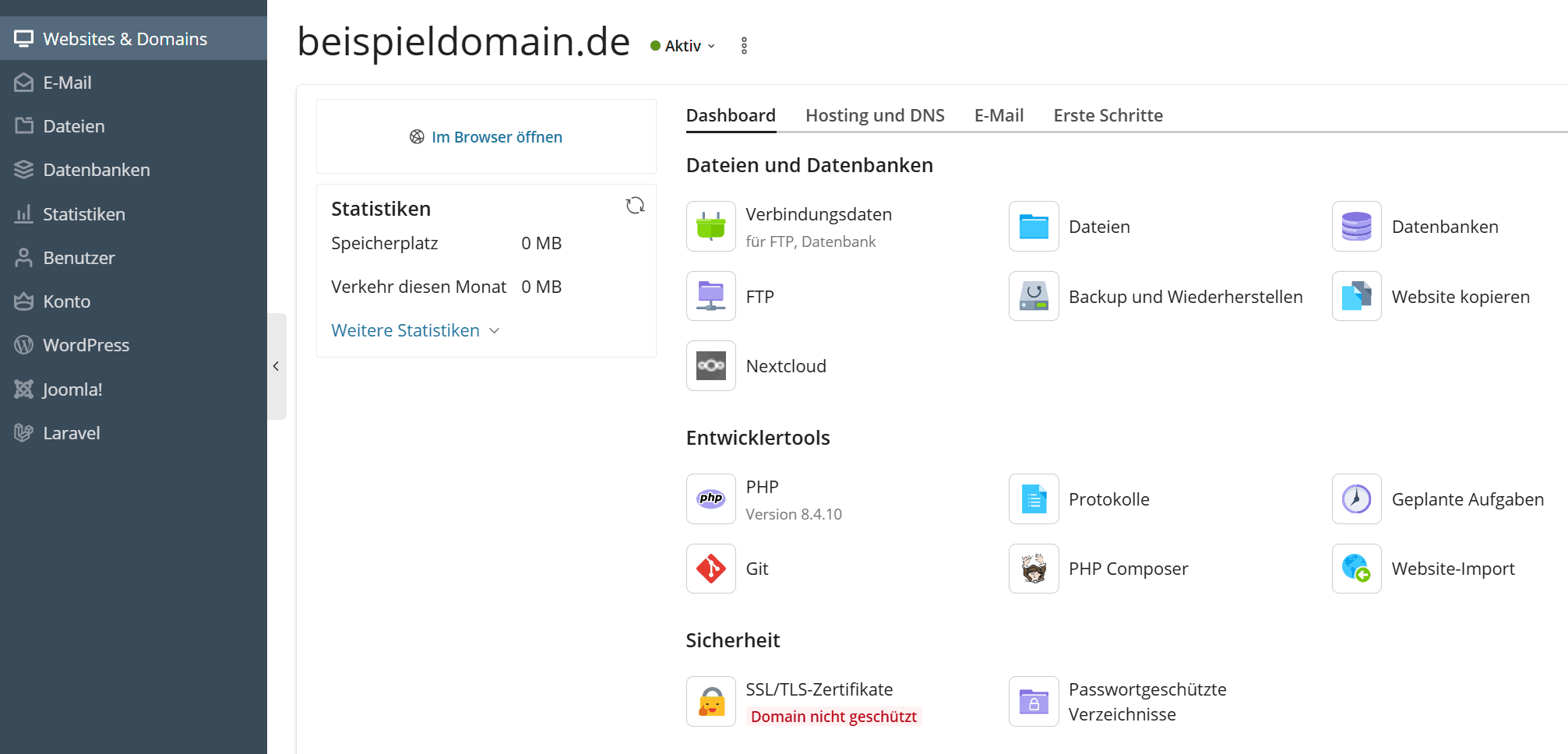 Plesk Obsidian Übersicht - SSL/TLS Zertifikat auswählen