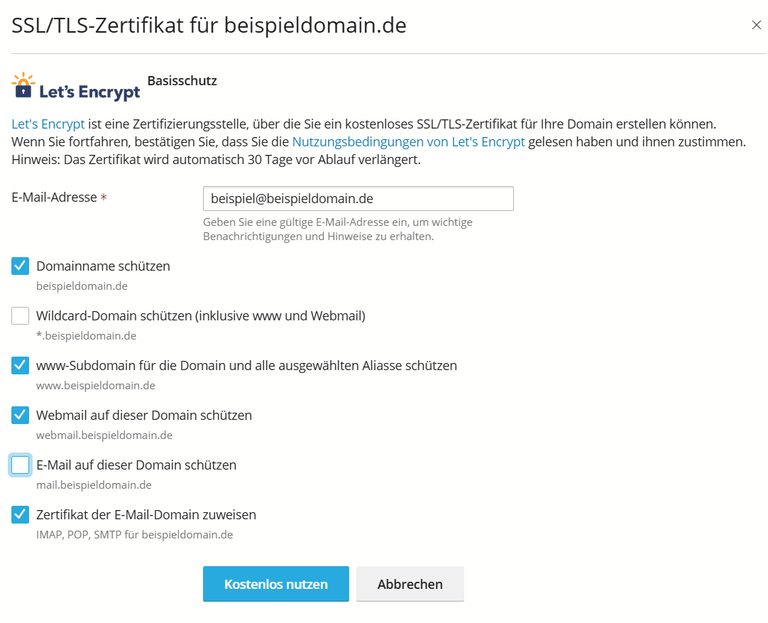 Plesk Obsidian SSL/TLS Zertifikat Domains/Subdomain Auswahl