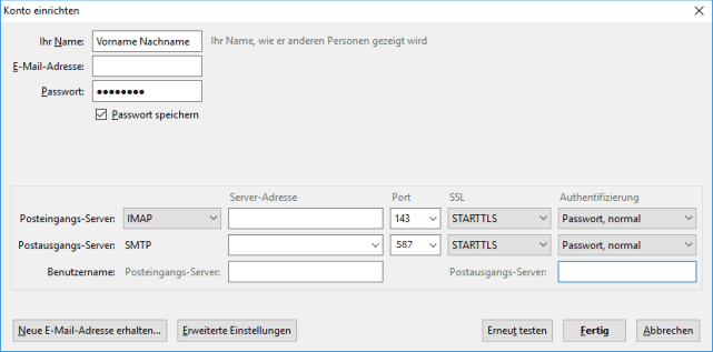 Thunderbird Einstellungen für Posteingangsserver und Postausgangsserver