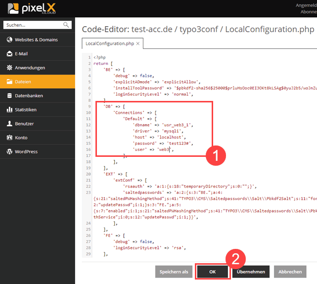 Plesk Onyx Dateieditor mit LocalConfiguration.php für Typo3