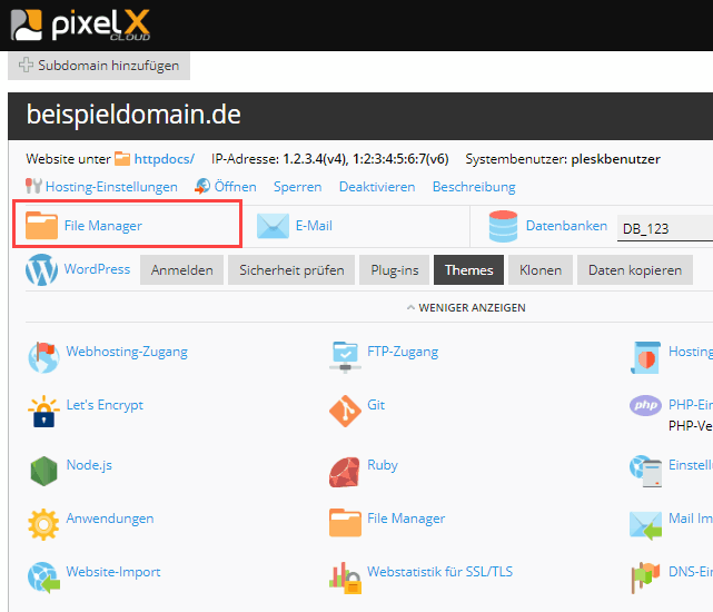 Dateimanager in Plesk Onyx