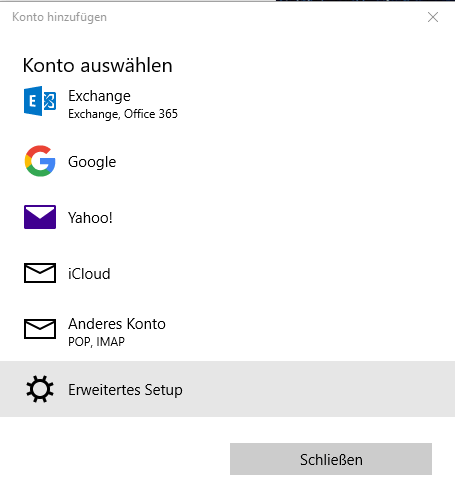 Windows Mail Kontotyp auswählen