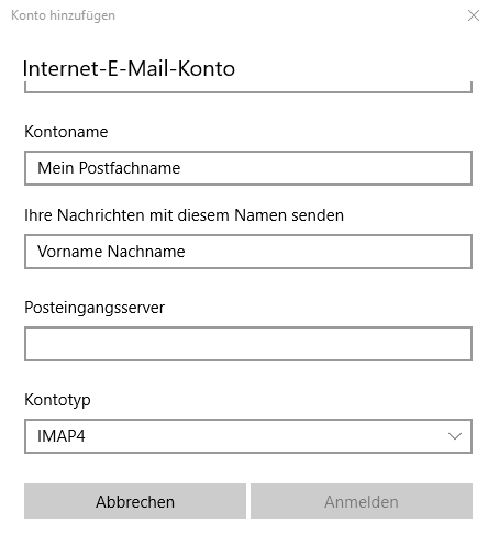 Windows Mail Kontoeinstellungen für Posteingangsserver, Absendername, Kontotyp