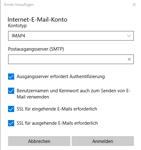 Windows Mail Kontoeinstellungen für Kontoname, Benutzername, Postausgangsserver