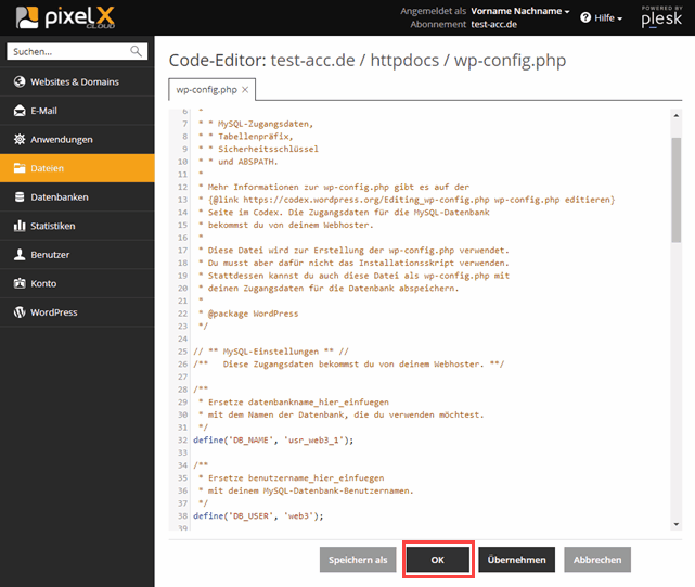 Plesk Onyx Dateieditor mit wp-config.php für WordPress