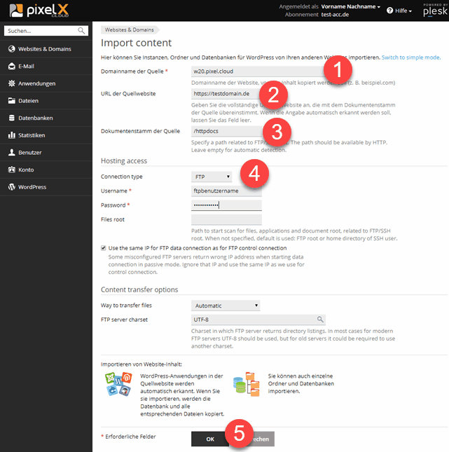 Plesk Website-Import Advanced Mode Einstellungen für den Import