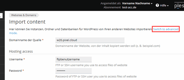 Plesk Website-Import Advanced Mode