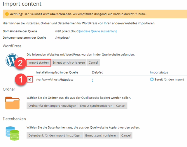 Plesk Website-Import von WordPress starten