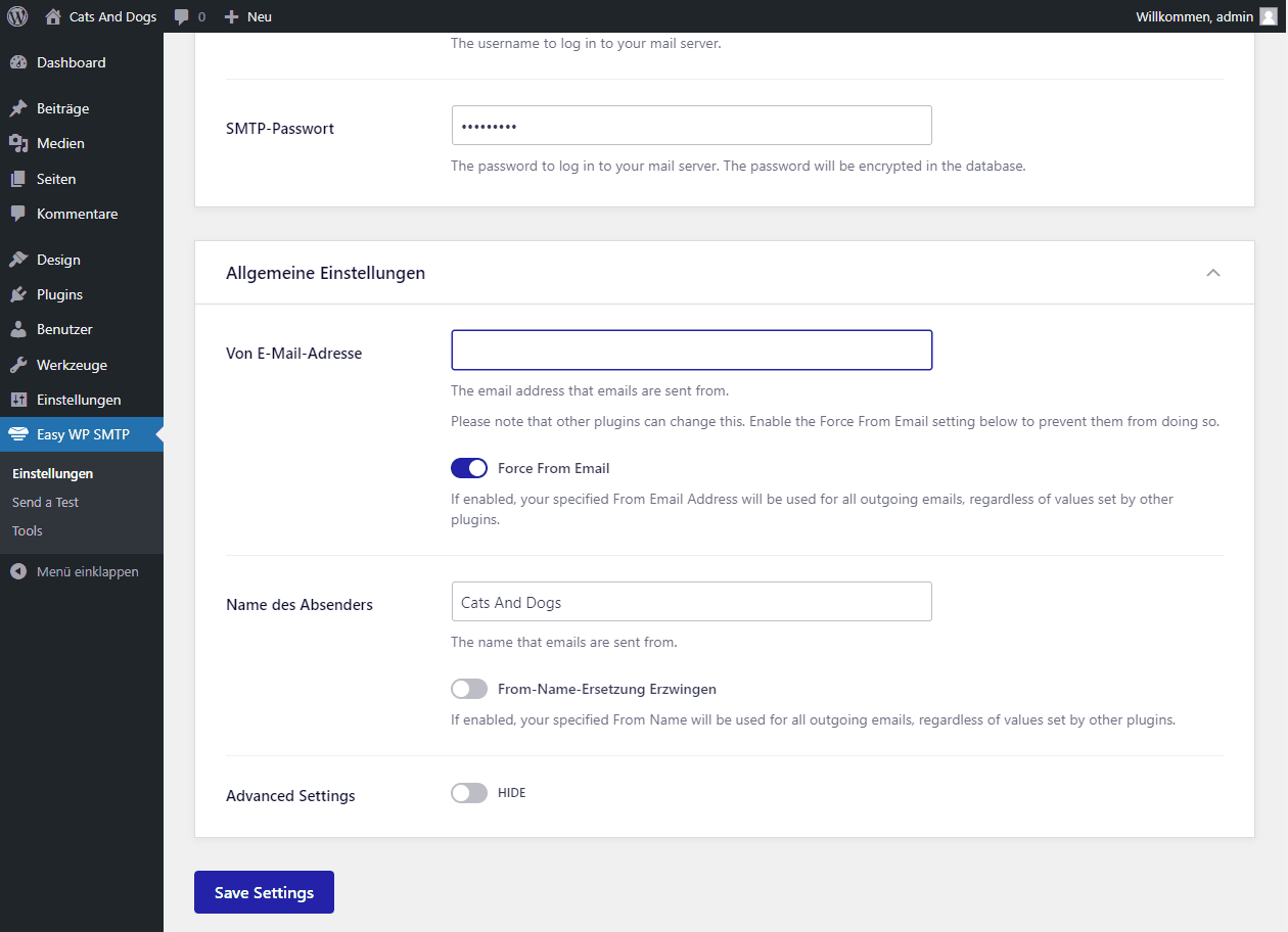 WordPress Plugin Easy WP SMTP Einstellungen Absender