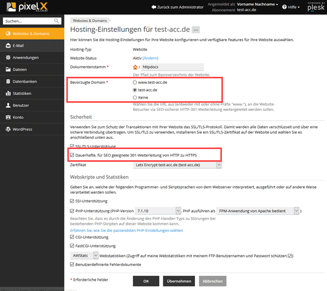 Plesk Onyx Hosting HTTPs Weiterleitung einstellen