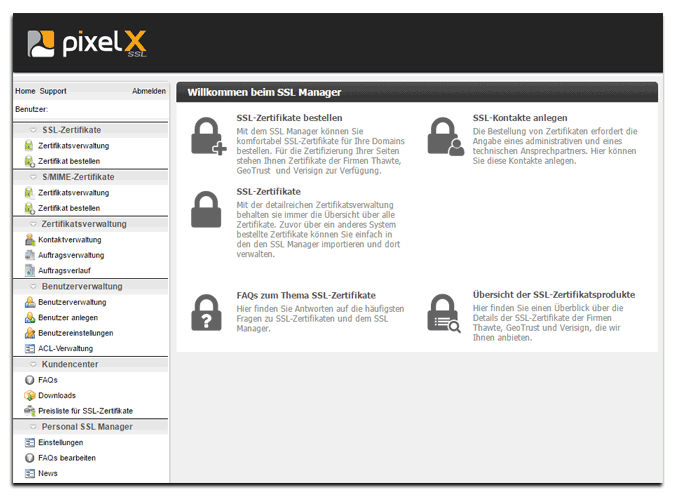 Reseller Cloud Hosting - SSL-Zertifikate einfach verwaltet mit dem SSL Manager von PixelX